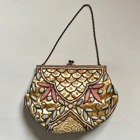 Vintage Beaded Purse Satin Evening Handbag 1940s 1950s Wedding Purse France - Picture 9 of 12